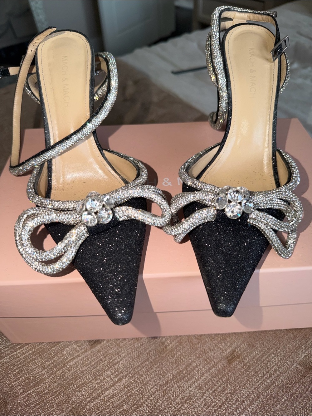 Mach & Mach Black Glitter Pointed Toe Crystal Bow Slingback Heels sz 38 1/2